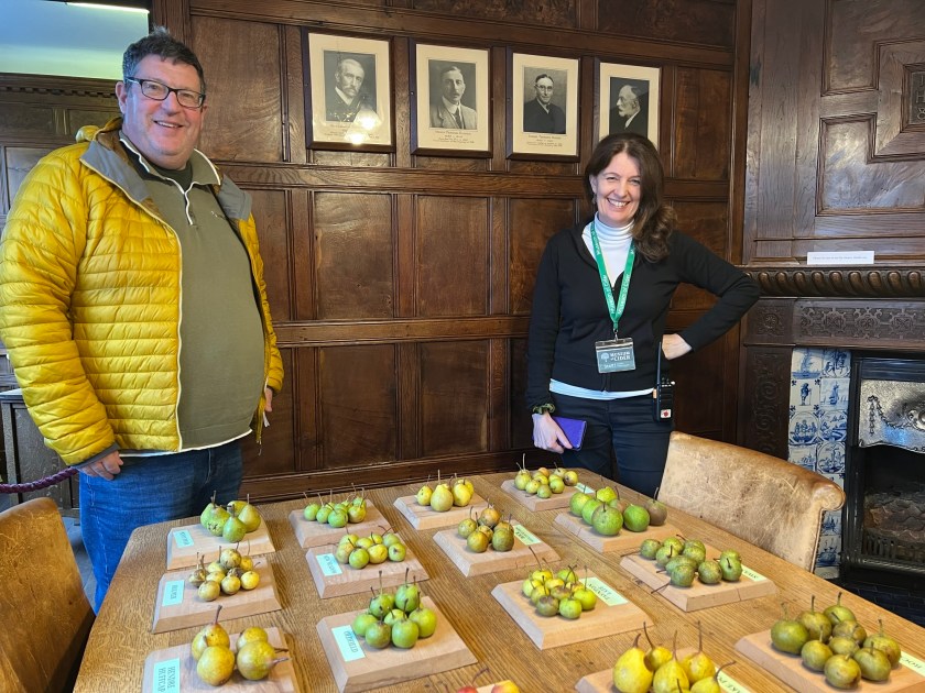 Paul Stevens and Elizabeth Pimblett, surrounded by perry pears and Bulmers board members