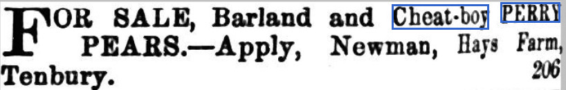 An old newspaper clipping showing Cheat Boy pears for sale.