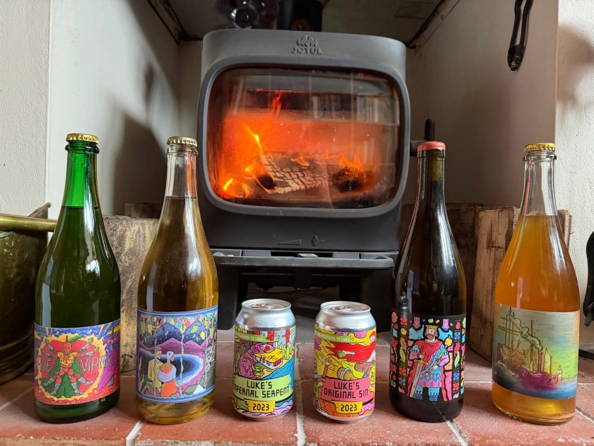 A selection of Luke's Cider in front of the stove