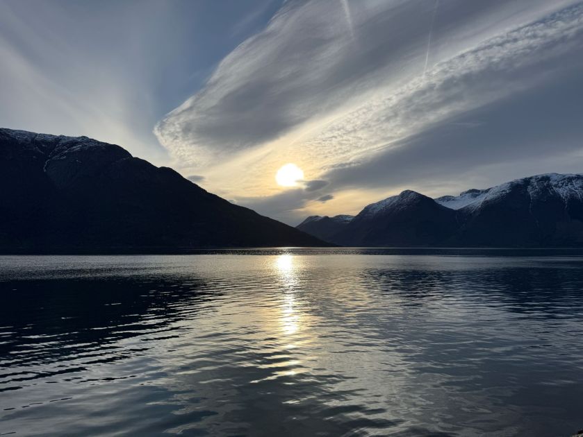 Sunrise at the Hardangerfjord, as seen from the Utne Hotel.